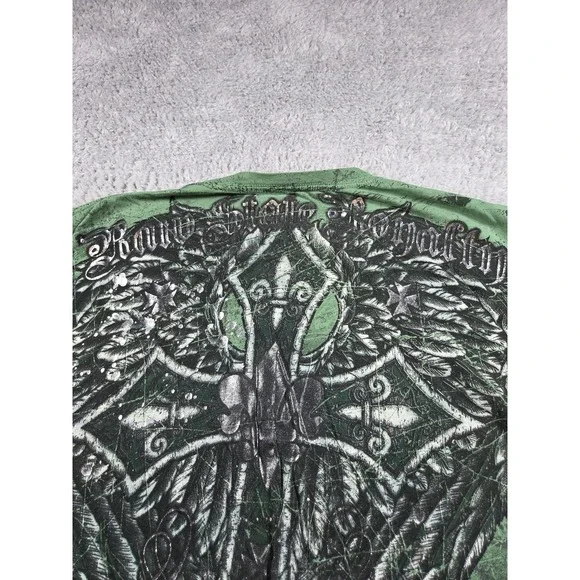Raw State Mens Large Green Graphic Cross Loyalty Distressed T-Shirt Streetwear - Picture 7 of 8